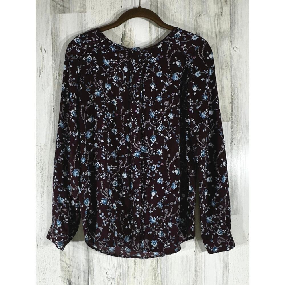 Ann Taylor Loft Blouse Top Size XXS Dark Burgundy Blue Ditzy‎ Floral Boat Neck